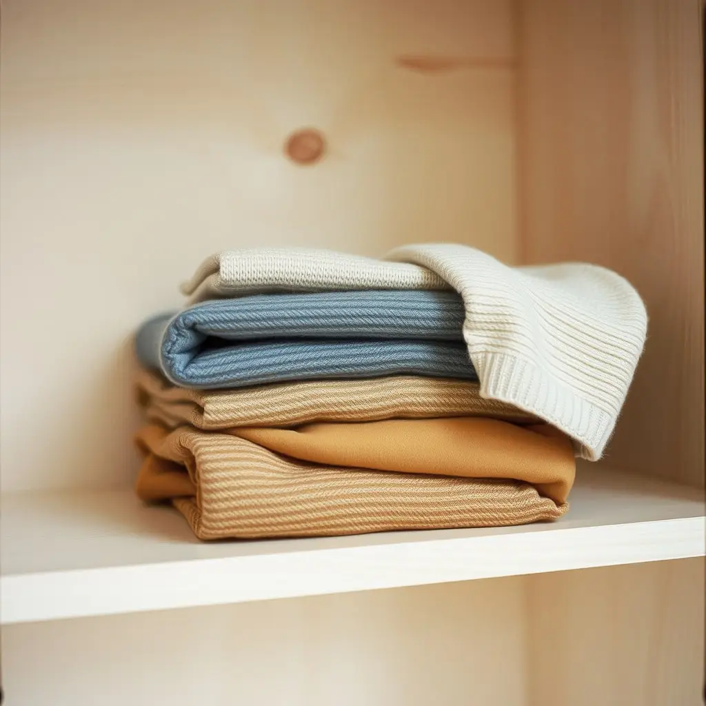 A stack of folded knitwear in oatmeal, grey and camel on a wooden shelf