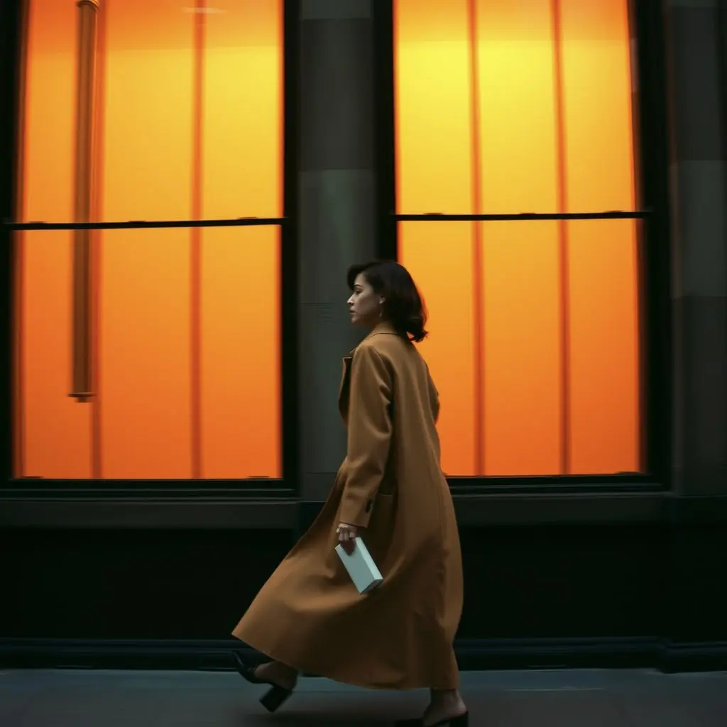 A figure in a camel coat hurrying past lit amber windows at dusk