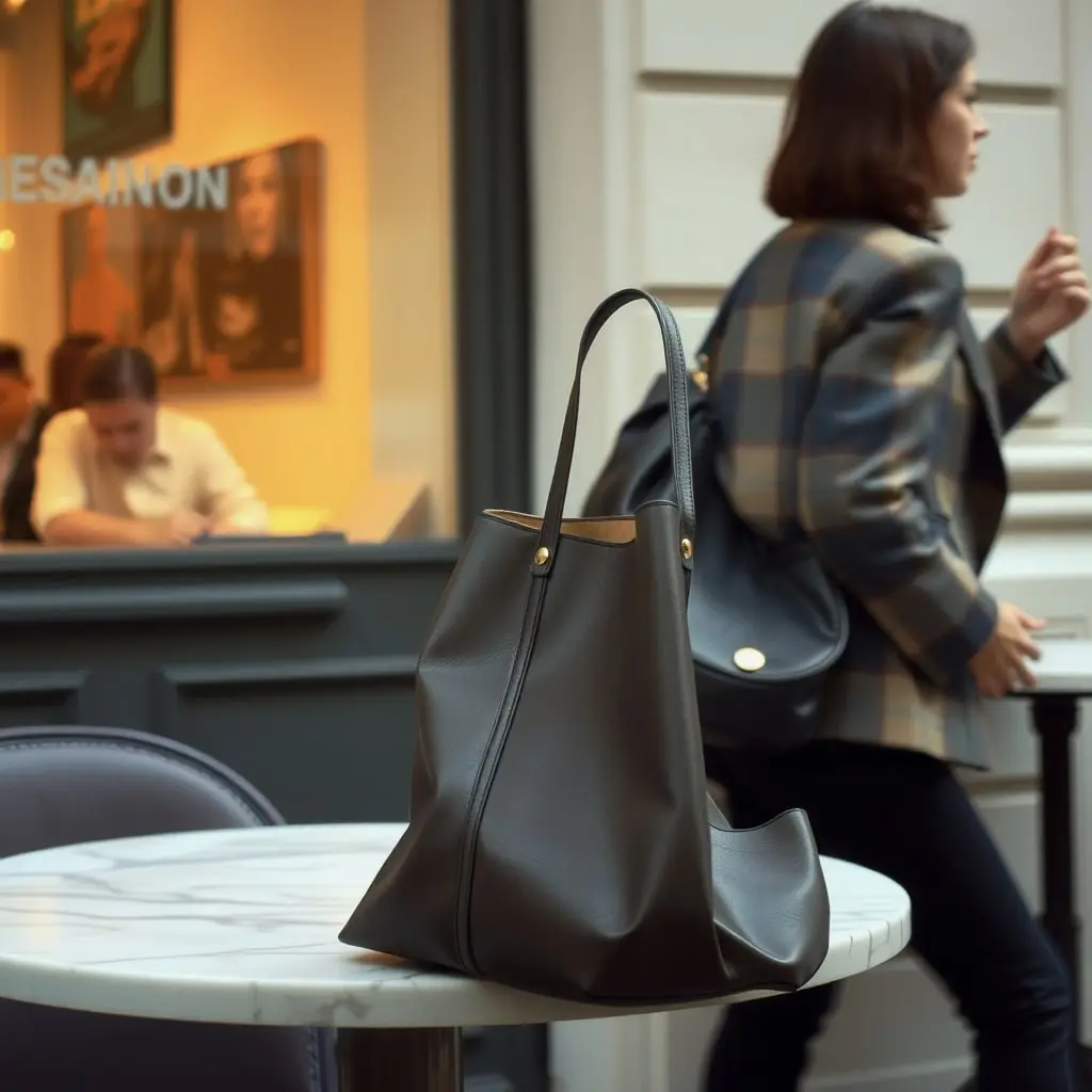 An unbranded dark leather tote on a marble café table