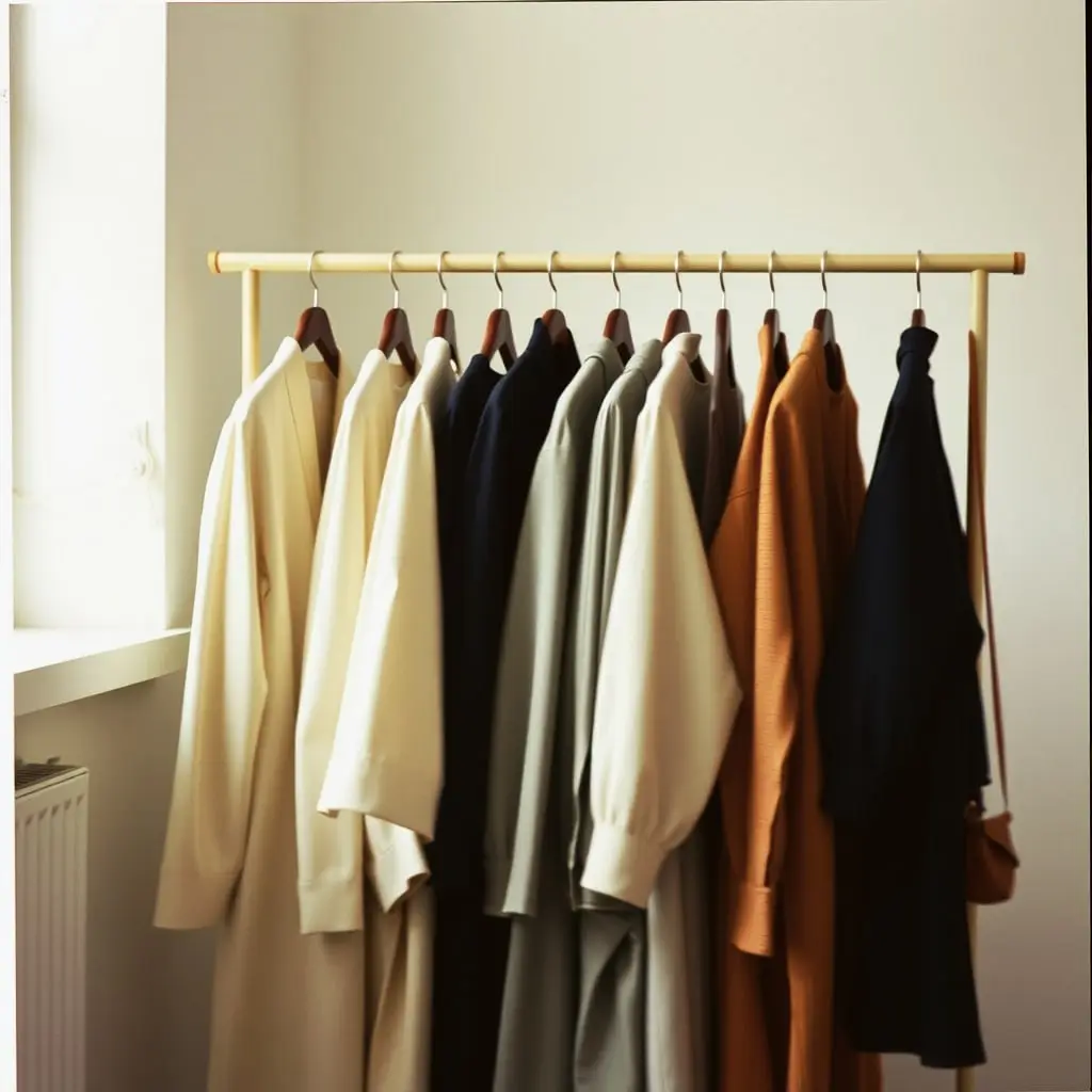 A rail of cream, camel, grey and navy garments in a quiet atelier