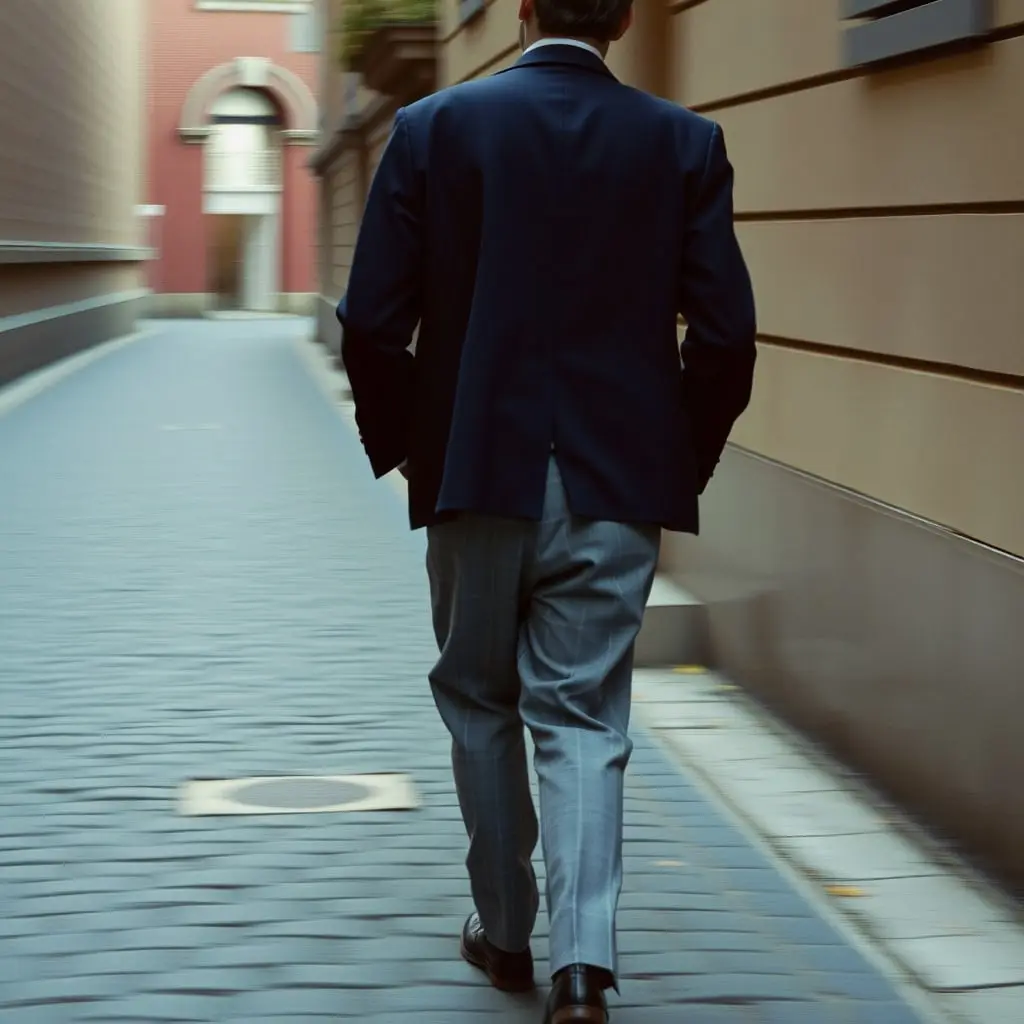 A man in a navy unstructured jacket walking down a cobblestone street